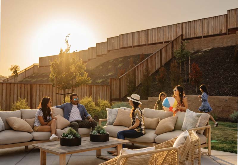 Friends hanging out on the patio at sunset